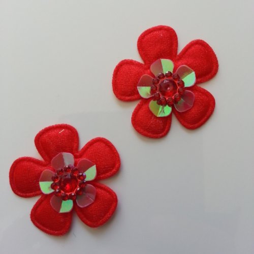 Lot de 2 fleurs en tissu et strass 35mm rouge
