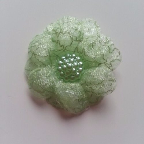 Fleur double  voile   et demi perle fraise 45mm vert