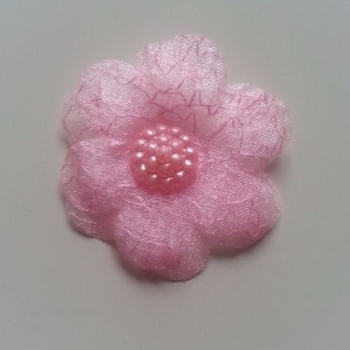 Fleur double  voile   et demi perle fraise 45mm rose