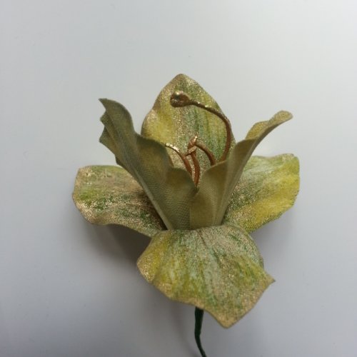 Fleur artificielle en tissu vert effet pailleté  80mm