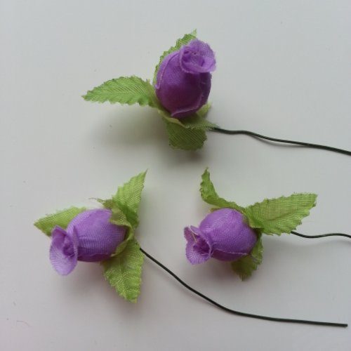 Lot de 3 roses et feuilles en tissu violet sur tige