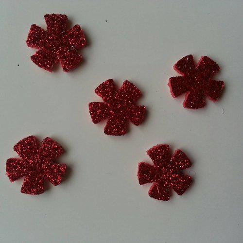 Lot de 5 fleurs en mousse pailletée autocollante  rouge 20mm