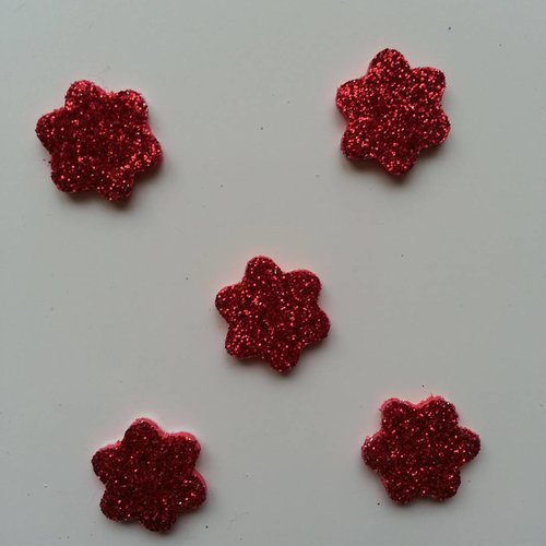 Lot de 5 fleurs en mousse pailletée autocollante  rouge 20mm