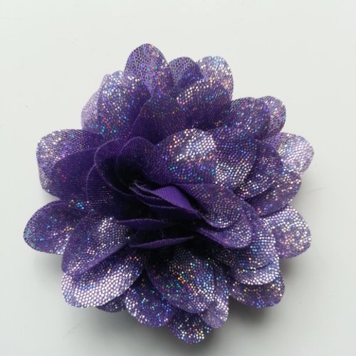 Fleur en tissu brillant 80mm argent et violet