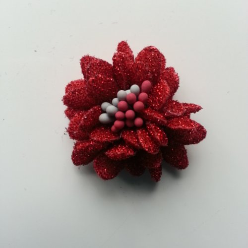 Fleur en tissu pailleté et pistils 40mm rouge