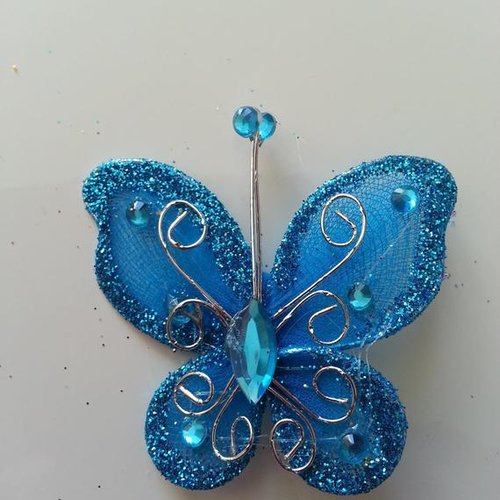 Papillon strass et paillettes 50*50mm bleu turquoise