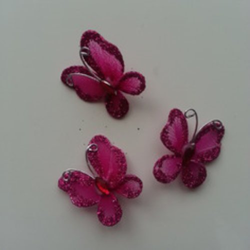 Lot de 3 minis papillons pailletés rose fuchsia  25mm