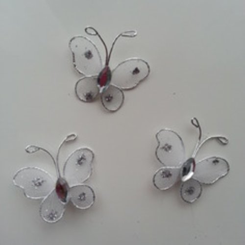 3 minis papillon en voile blanc et argent