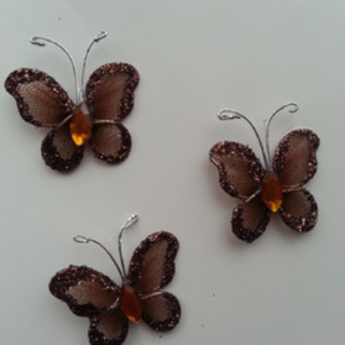 Lot de 3 minis papillons pailletés marron 25mm