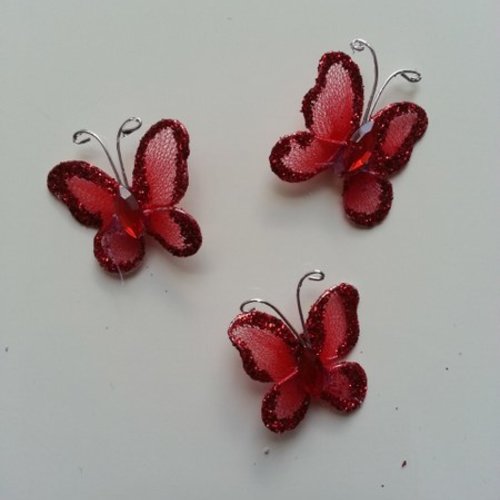 Lot de 3 minis papillons pailletés rouge 25mm