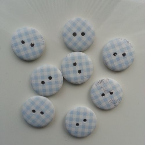 Lot de 8 boutons ronds en bois motif vichy bleu et blanc 20mm