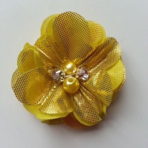 Fleur tissu brillant perle et strass  jaune 50mm