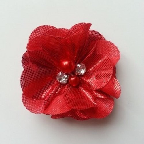 Fleur tissu brillant perle et strass  rouge 50mm