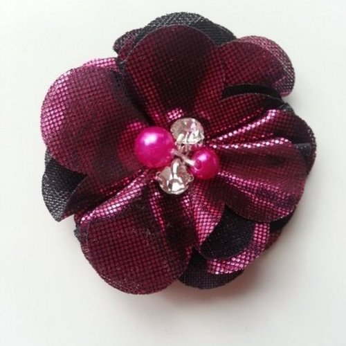 Fleur tissu brillant perle et strass rose fuchsia et noir 50mm