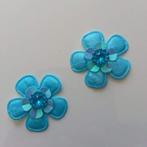 Lot de 2 fleurs en tissu et strass 35mm bleu