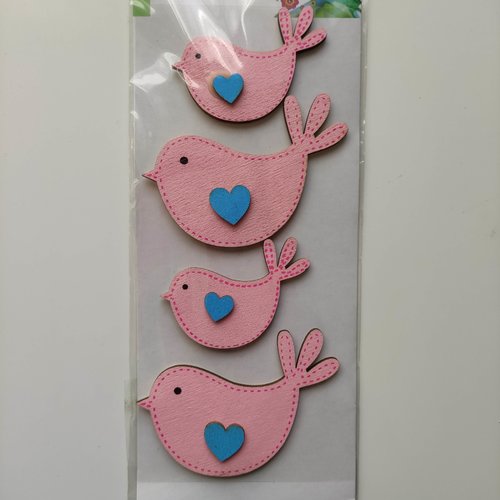 Lot de 4 oiseaux en bois rose et bleu pour loisirs créaifs