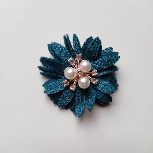 Fleur tissu trio de perle et strass 50mm bleu vert