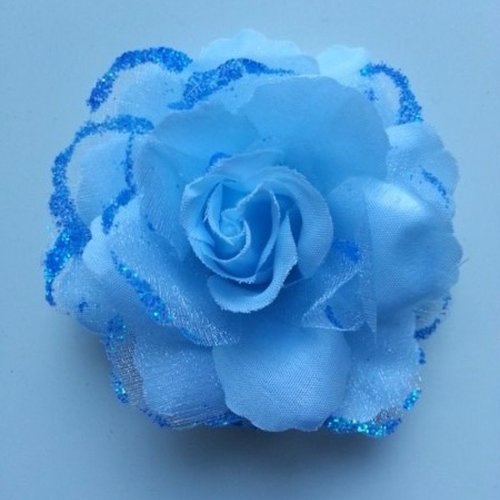Rose  en tissu pailletée  bleu  70mm