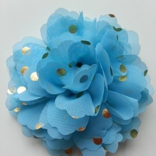 Fleur en mousseline à pois doré bleu 10cm