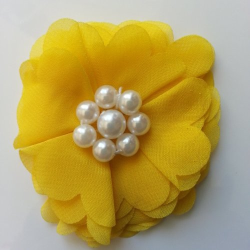 Fleur mousseline et perles 70mm jaune
