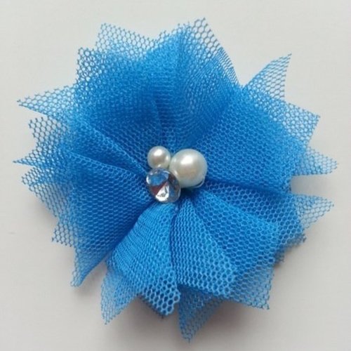 Applique en tulle strass, et perle 55mm bleu