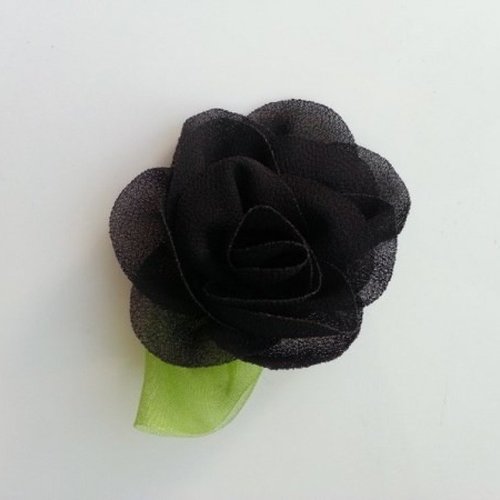 Fleur en mousseline avec feuille noir 50mm