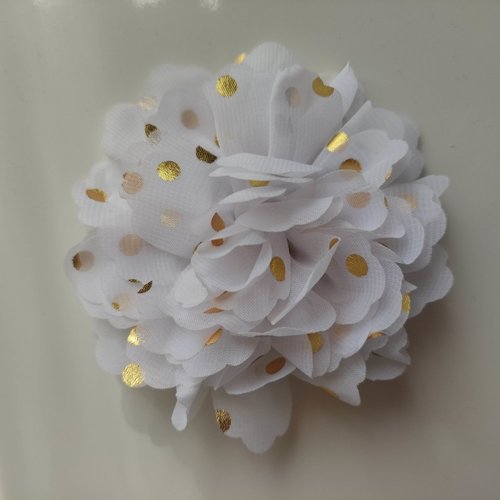 Fleur en mousseline à pois doré blanc 10cm