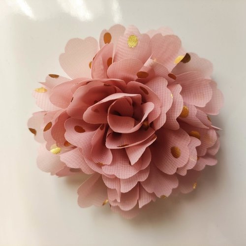 Fleur en mousseline à pois doré vieux rose 10cm