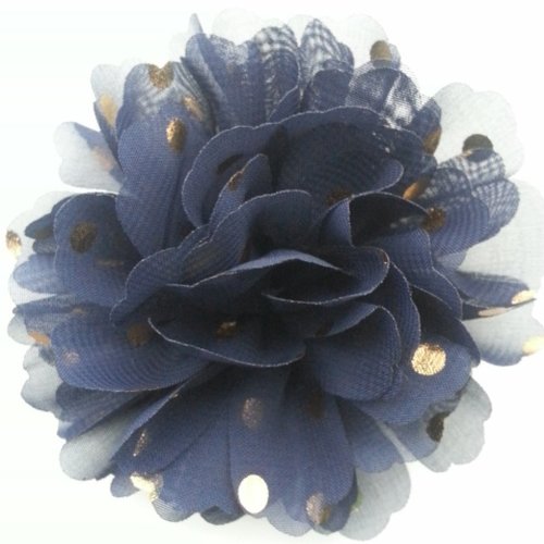 Fleur en mousseline à pois doré bleu marine 10cm