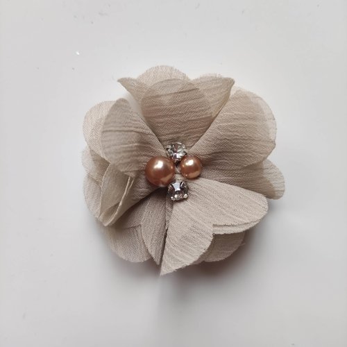 Fleur mousseline perle et strass  beige 55mm