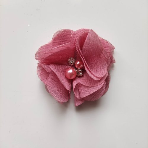 Fleur mousseline perle et strass vieux rose   55mm