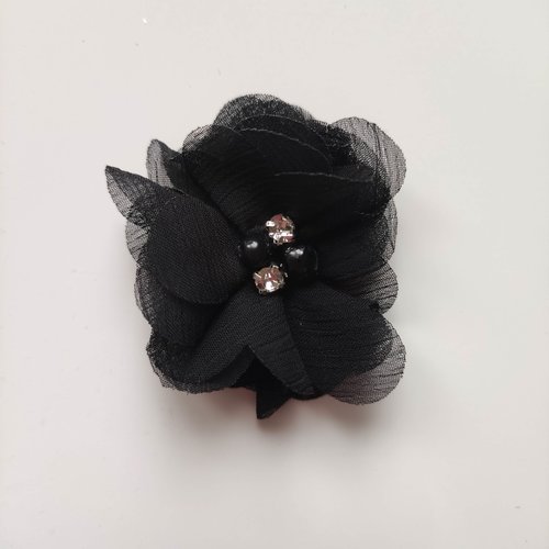 Fleur mousseline perle et strass noir 55mm