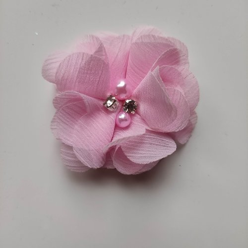 Fleur mousseline perle et strass  rose clair  55mm