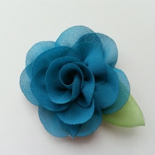 Fleur en mousseline avec feuille bleu vert  50mm