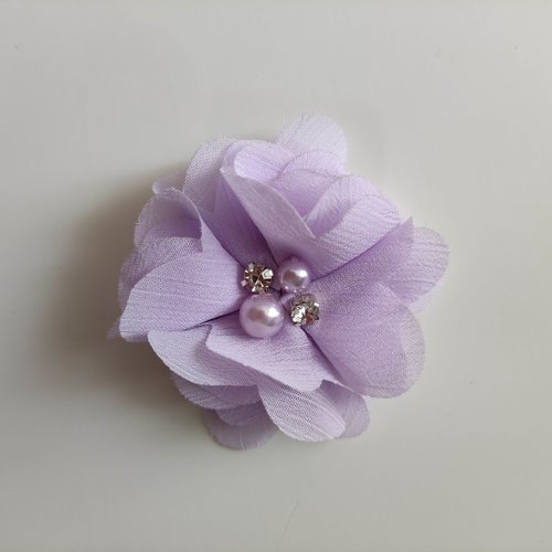 Fleur mousseline perle et strass  mauve 55mm
