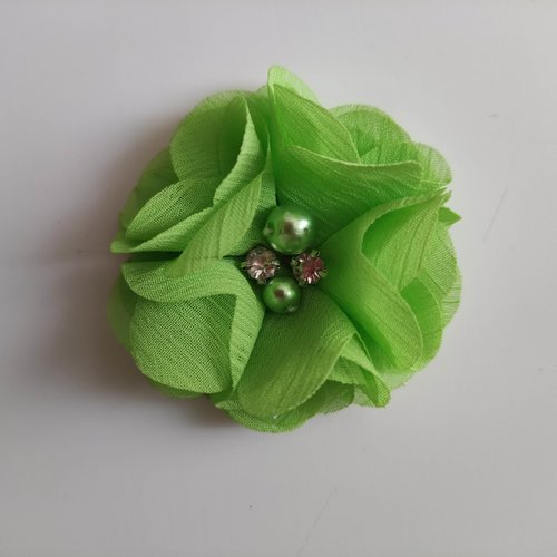 Fleur mousseline perle et strass  vert 55mm