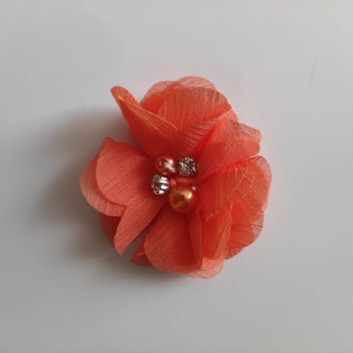 Fleur mousseline perle et strass  orange 55mm