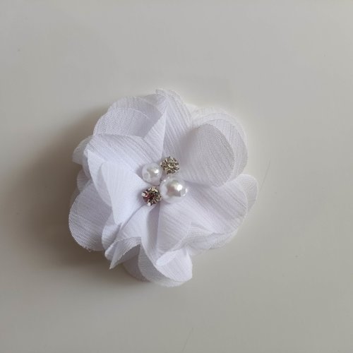 Fleur mousseline perle et strass  blanc 55mm