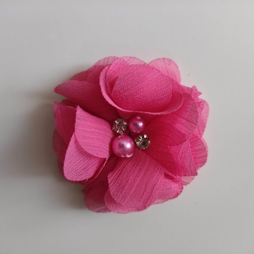 Fleur mousseline perle et strass  rose fuchsia  55mm