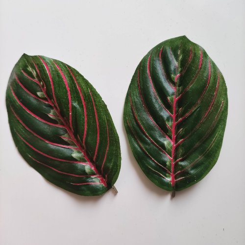 Lot de 2  feuilles artificielles en tissu  vertes et rose  7*10 cm