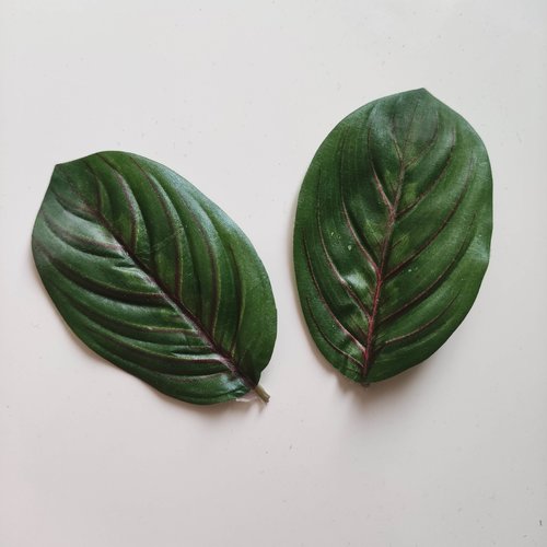 Lot de 2  feuilles artificielles en tissu  vertes et rose  5,5*9 cm