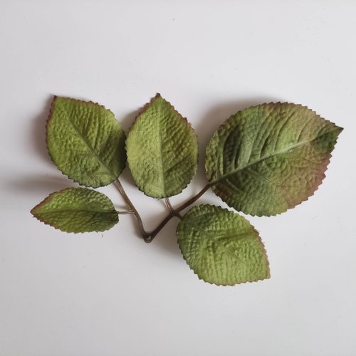 Double tige de 6 feuilles de rose artificielles vertes et marron pour création de fleurs artificielles