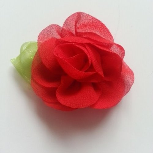 Fleur en mousseline avec feuille rouge  50mm