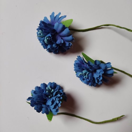 Lot de 3 fleurs artificielles en tissu et pistils bleu roi