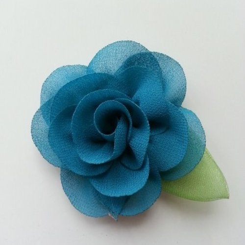 Fleur en mousseline avec feuille bleu vert  50mm