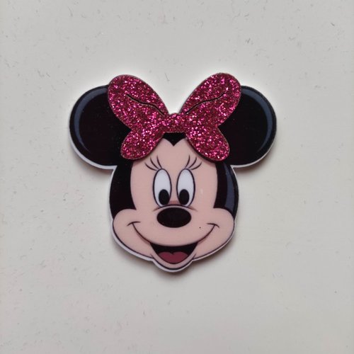 Minnie cabochon plat en résine  souris noeud rose fuchsia pailleté  45*45mm