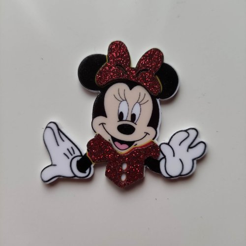 Minnie cabochon plat en résine  souris robe et noeud rouge pailleté 45*40mm