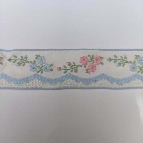 Morceau de 1, 50 mètre de galon motif floral bleu vert et rose 30mm