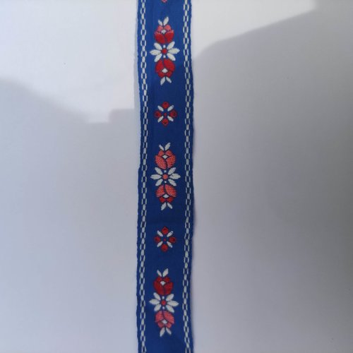 1 mètre de galon bleu motif floral  rose, blanc et rouge  22mm