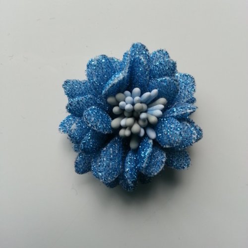 Fleur en tissu pailleté et pistils 40mm bleu